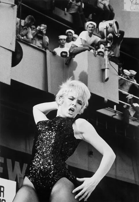 Framed Print : USO entertains sailors on the USS Ticonderoga in Vietnam. Joey Heatherton rocks out with the Watusi, Frug, Shimmy, and Twist, during the Bob Hope Show. Dec. 27, 1965