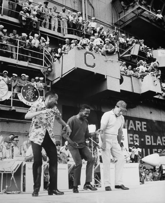 Framed Print : USO entertains troops in Vietnam. The Nicholas Brothers, Fayard and Harold, dance with Bob Hope on the USS Ticonderoga. Dec. 22, 1966