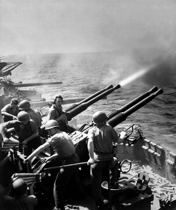 Framed Print : USS Hornet's 40mm guns firing as the carrier's planes were raiding Tokyo, Feb. 16, 1945. World War 2, Pacific Ocean. (BSLOC_2013_13_8)