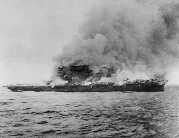 Framed Print : U.S.S. Lexington exploding during the Battle of Coral Sea, May 8, 1942