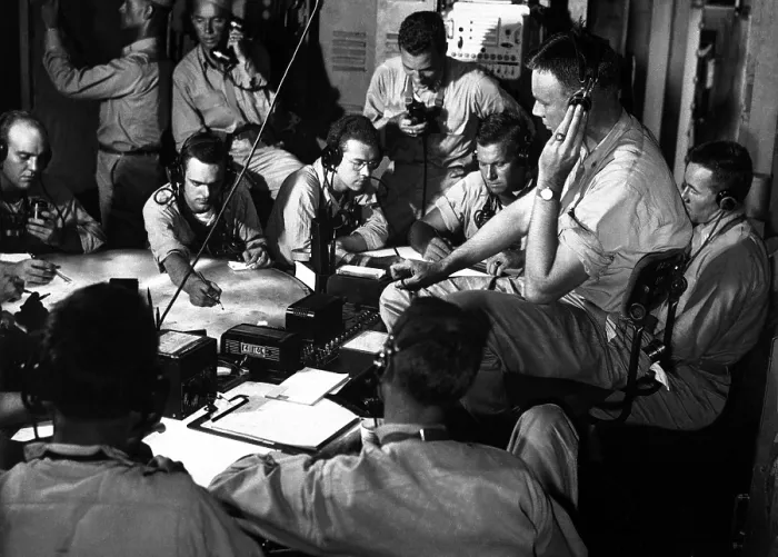 Framed Print : USS Lexington's command center while in Japanese waters in the Gilbert and Marshall Islands. Dec. 1943. Photo by Edward Steichen. (BSLOC_2013-12_200)