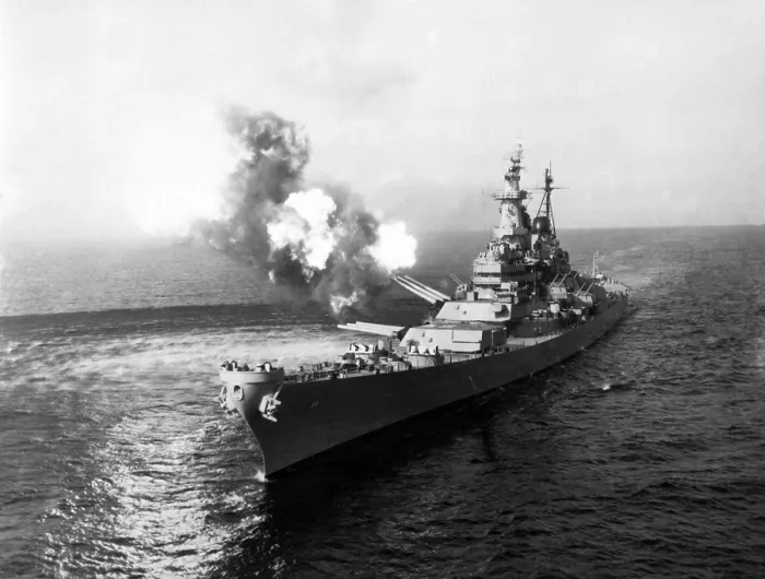 Framed Print : USS Missouri fires its 16-inch guns at Chong Jin, North Korea, Oct. 10, 1950. The attack intend to damage communications in the city only 39 miles from the Chinese border