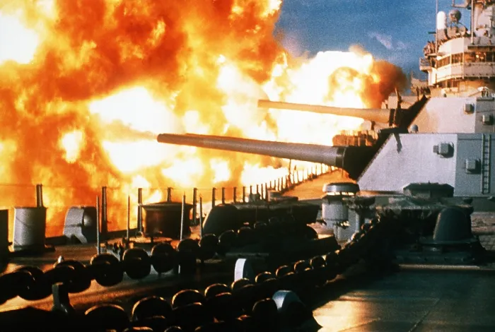 Framed Print : The U.S.S. New Jersey bombards the coast of Beirut Lebanon on January 9 1984. (BSLOC_2011_3_17)