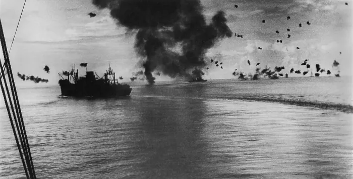 Framed Print : USS President Jackson, is making a 90 degree left turn. In the center is the smoke from a Japanese plane that crashed into the USS San Francisco, CA-38, in the Solomon Islands