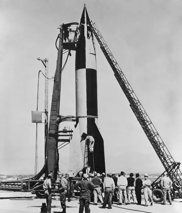Framed Print : V-2 rocket, before launching at the U.S. Army proving grounds, White Sands, N.M. On May 7, 1946 its Flight-control instruments were adjusted on the launch pad