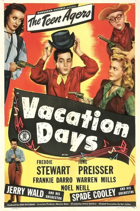 Framed Print : VACATION DAYS, US poster, from left: Noel Neill, Freddie Stewart, June Preisser, Warren Mills, 1947