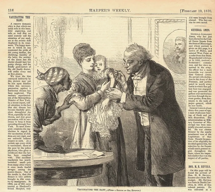 Framed Print : Vaccinating the baby against smallpox in New York ca. 1870. The baby is held by its mother as an African American women observes with concern