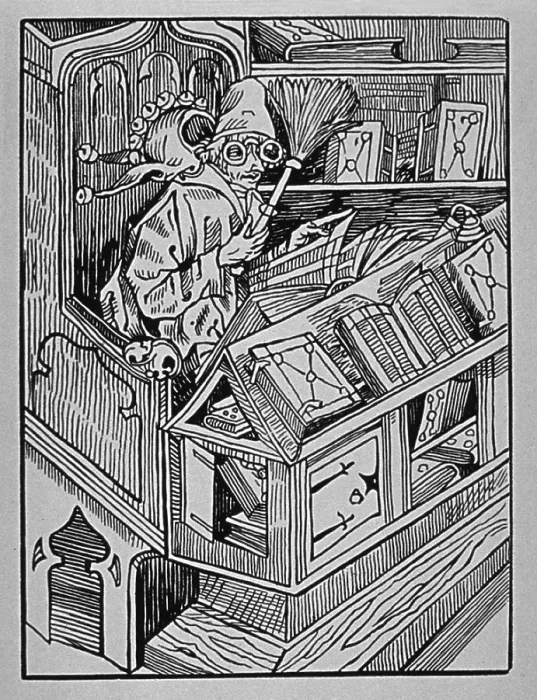 Framed Print : A VAIN BOOK COLLECTOR, an illustration in DAS NARRENSCHIFF (Ship of Fools), a 1498 book by German satirical poet, Sebastian Brant (1458-1521) Framed Print : A VAIN BOOK COLLECTOR, an illustration in DAS NARRENSCHIFF (Ship of Fools), a 1498 book by German satirical poet, Sebastian Brant (1458-1521)