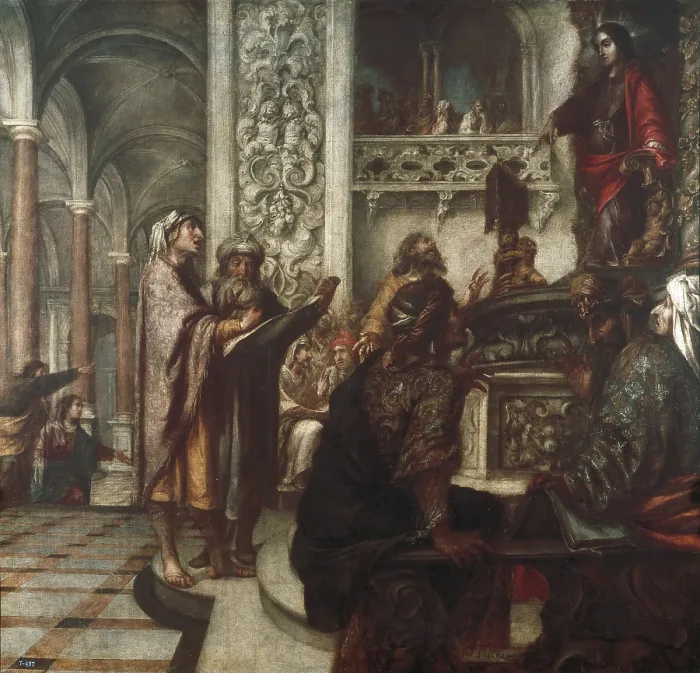 Framed Print : VALDeS LEAL, Juan de (1622-1690). Jesus Disputing with the Elders. 1686. Baroque art. Oil on canvas. SPAIN. Madrid. Prado Museum