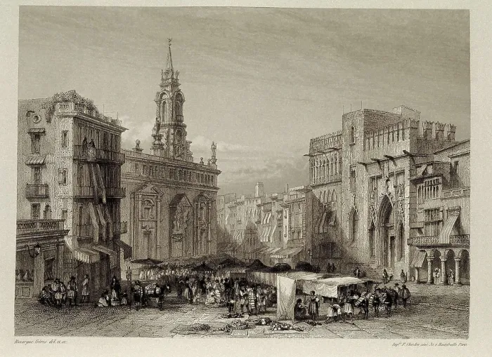 Framed Print : Valencia. Market Square. Picture by Rouargue for the work 'Voyage pittoresque en Espagne et Portugal' by Emile Bgin (c.1852). Engraving. SPAIN. Madrid. National Library