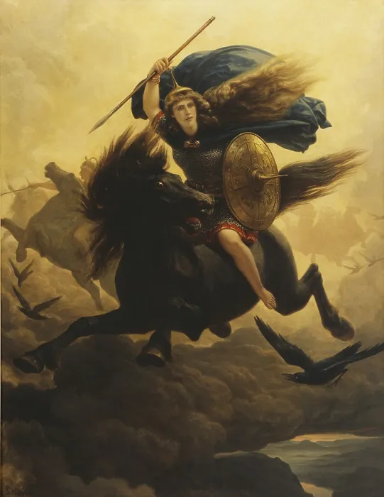 Framed Print : Valkyrie, 1865, Peter Nicolai Arbo, 1831-1892, Norwegian painting, oil on canvas. A Valkyrie with a spear, a helmet and a shield, gallops on a black horse through the clouds