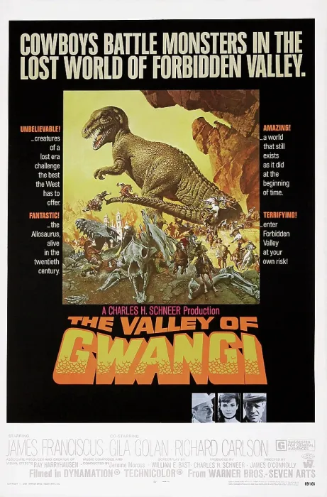 Framed Print : THE VALLEY OF GWANGI, US poster art, bottom from left: Richard Carlson, Gila Golan, James Franciscus, 1969