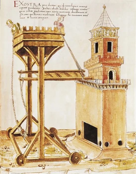 Framed Print : VALTURIO, Roberto (1405-1475). De re militari. 1446 - 1455. Siege tower to the conquest of a fortress. 1470 edition. Watercolour; Miniature Painting. ITALY. Padua