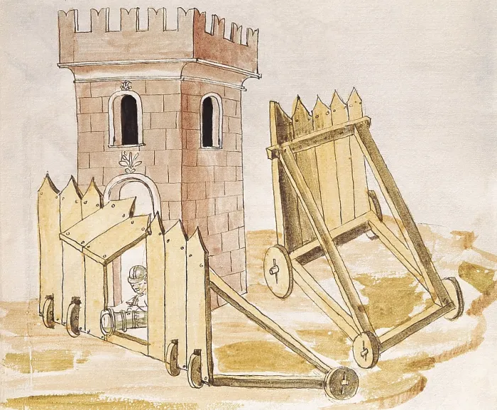 Framed Print : VALTURIO, Roberto (1405-1475). De re militari. 1446 - 1455. Military engineering treaty. Defense of a tower with mantlets and bombard. 1470 edition