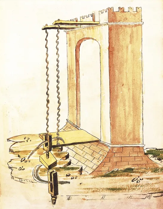 Framed Print : VALTURIO, Roberto (1405-1475). De re militari. 1446 - 1455. Military engineering treaty. Project for Drawbridge. 1470 edition. Miniature Painting; Watercolour. ITALY. Naples