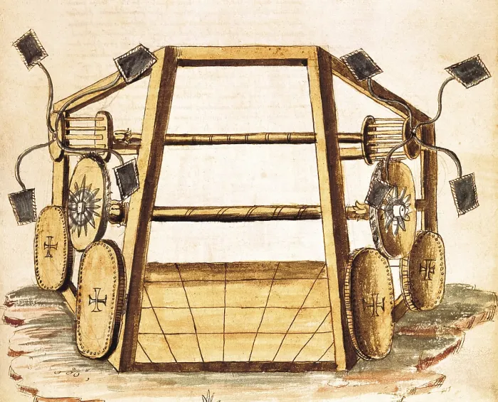 Framed Print : VALTURIO, Roberto (1405-1475). De re militari. 1446 - 1455. Military engineering treaty. Project of chariot of war. 1470 edition. Miniature Painting; Watercolour. ITALY. Padua
