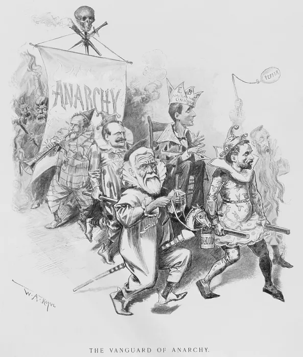 Framed Print : THE VANGUARD OF ANACHY, caricatures Eugene Debs, wearing crown labeled Debs Am. Railway Union, being carried by Gov. Morrison Waite, John Altgeld, Sen Framed Print : THE VANGUARD OF ANACHY, caricatures Eugene Debs, wearing crown labeled Debs Am. Railway Union, being carried by Gov. Morrison Waite, John Altgeld, Sen