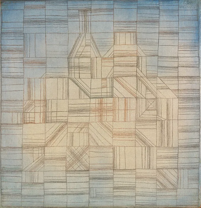 Framed Print : VARIATIONS (ROGRESSIVE MOTIF), by Paul Klee, 1926, Swiss painting, oil, watercolor on canvas. The canvas surface is toned ivory in the center and blue on the corners and edges
