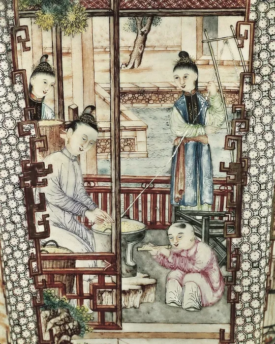 Framed Print : Detail from a vase depicting women spinning silk. Ming Dynasty (1368-1644). Chinese art. Ming period. China / Porcelain. IRAN. Tehran. Golestan Palace Framed Print : Detail from a vase depicting women spinning silk. Ming Dynasty (1368-1644). Chinese art. Ming period. China / Porcelain. IRAN. Tehran. Golestan Palace