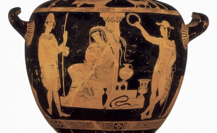 Framed Print : Vase with an scene of Aeschylus Oresteia. 5th c. BC. Orestes and Electra over the tomb of their father. On the left, Pylades. Classical Greek art. Ceramics. GERMANY. Munich