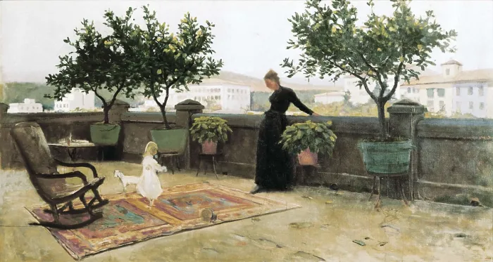 Framed Print : VAYREDA i VILA, Joaquim (1843-1894). The Terrace. 2nd half 19th c. Oil on canvas. SPAIN. Barcelona. National Art Museum of Catalonia. AISA / Everett Collection**US SALES ONLY**