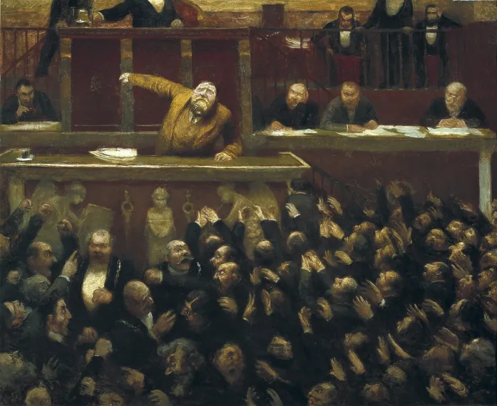 Framed Print : VEBER, Jean (1868-1928). Jean Jaurs Speaking at the Tribune of the Chamber of Deputies. 1903. Oil on canvas. FRANCE. Paris. Musee Carnavalet (Carnavalet Museum)