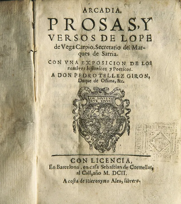 Framed Print : VEGA CARPIO, Flix Lope de (1562-1635). 'Arcadia, prosas y versos' (Arcadia, Proses and Poems). Frontispiece with dedication to Pedro Tllez Girn, Duke of Osuna