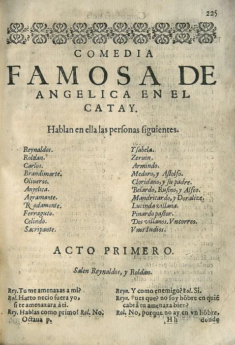 Framed Print : VEGA CARPIO, Flix Lope de (1562-1635). 'Anglica en el Catay', comedy by Lope de Vega edited in Barcelona by Sebastin de Comellas (1617). Beginning of the 1st act. SPAIN