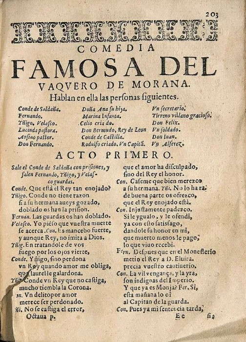 Framed Print : VEGA CARPIO, Flix Lope de (1562-1635). 'El vaquero de Morana', comedy by Lope de Vega edited in Barcelona by Sebastin de Comellas (1617). Beginning of the first act
