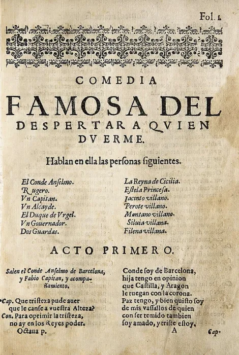 Framed Print : VEGA CARPIO, Flix Lope de (1562-1635). 'El despertar a quien duerme', comedy by Lope de Vega edited in Barcelona by Sebastin de Comellas (1617)