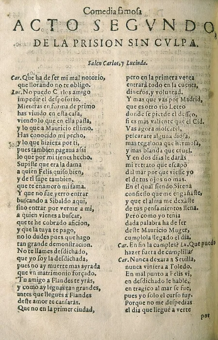 Framed Print : VEGA CARPIO, Flix Lope de (1562-1635). 'La prisin sin culpa', comedy by Lope de Vega edited in Barcelona by Sebastin de Comellas (1617). Beginning of the second act