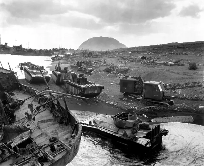 Framed Print : Vehicles of war knocked out on the black sands of the volcanic island of Iwo Jima. They were smashed by Japanese mortar and shellfire. Ca. March 1945. World War 2 Framed Print : Vehicles of war knocked out on the black sands of the volcanic island of Iwo Jima. They were smashed by Japanese mortar and shellfire. Ca. March 1945. World War 2
