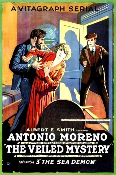 Framed Print : THE VEILED MYSTERY, Episode No. 3: THE SEA DEMON, Pauline Curley (woman in center); Antonio Moreno (man in doorway on right), 1920