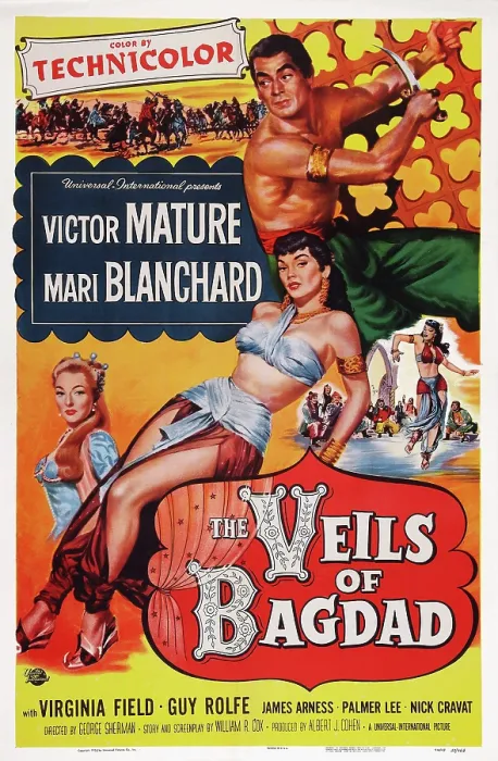 Framed Print : THE VEILS OF BAGDAD, US poster art, from left: Virginia Field, Mari Blanchard, Victor Mature, 1953