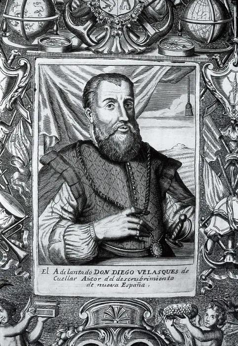 Framed Print : VELAZQUEZ DE CULLAR, Diego (1466-1524). Engraving from the book 'Dcadas' by Antonio Herrera. Engraving. AISA / Everett Collection**US SALES ONLY**
