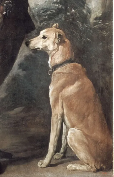 Framed Print : VELAZQUEZ, Diego Rodrguez de Silva (1599-1660). Portrait of Cardinal Infante Ferdinand of Austria with Gun and Dog. 1632 - 1636. Right lower detail of the dog. Baroque art