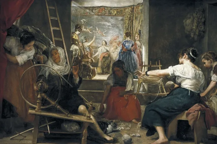 Framed Print : VELAZQUEZ, Diego Rodrguez de Silva (1599-1660). The Spinners, or The Fable of Arachne. 1657. Five women working Framed Print : VELAZQUEZ, Diego Rodrguez de Silva (1599-1660). The Spinners, or The Fable of Arachne. 1657. Five women working
