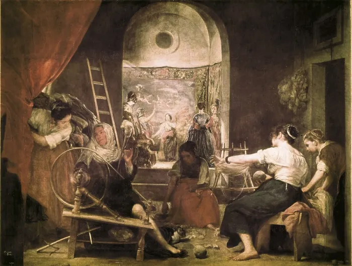 Framed Print : VELAZQUEZ, Diego Rodriguez de Silva (1599-1660). The Spinners, or The Fable of Arachne. 1657. Five women working Framed Print : VELAZQUEZ, Diego Rodriguez de Silva (1599-1660). The Spinners, or The Fable of Arachne. 1657. Five women working
