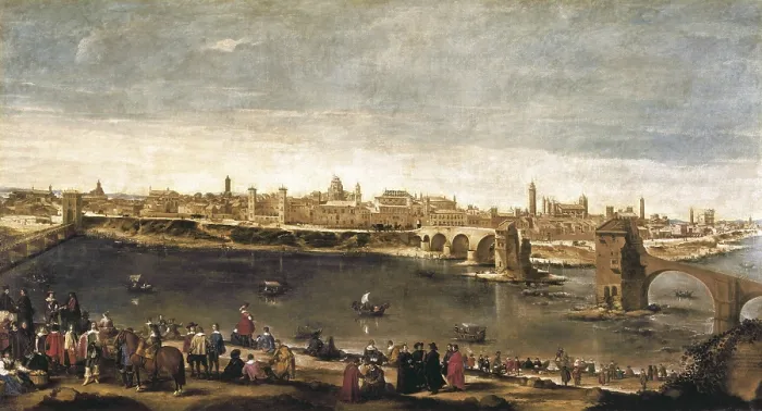 Framed Print : VELAZQUEZ, Diego Rodriguez de Silva (1599-1660); MARTINEZ DEL MAZO, Juan Bautista (1612-1667). View of the City of Zaragoza. 1647. View from the opposite shore of the River Ebro