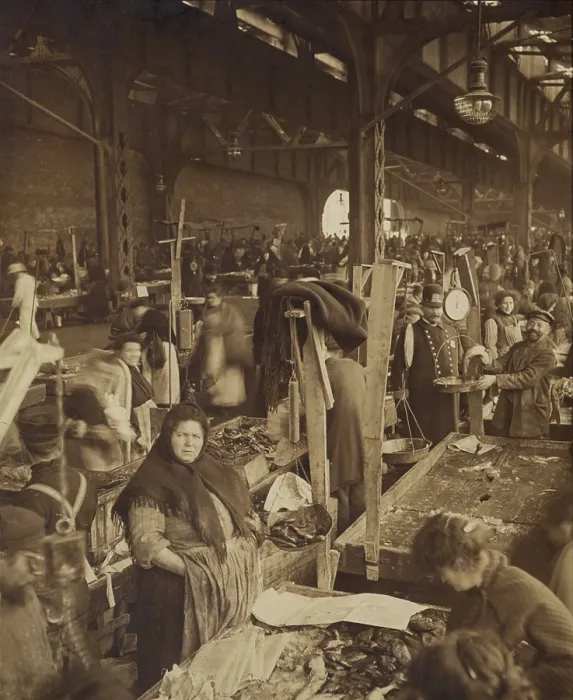Framed Print : Vendors selling fish at a market in New York City's. ca. 1890-1910. (BSLOC_2010_18_109) Framed Print : Vendors selling fish at a market in New York City's. ca. 1890-1910. (BSLOC_2010_18_109)