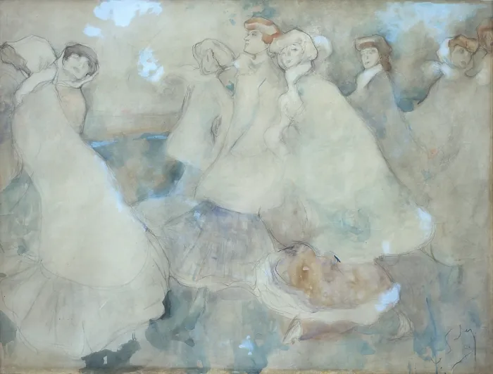 Framed Print : Venetian Figures, by Ugo Valeri, 1904, 20th century, pencil and watercolor on paper - Italy, Veneto, Verona, Civic Collection of Modern Art. Whole artwork view