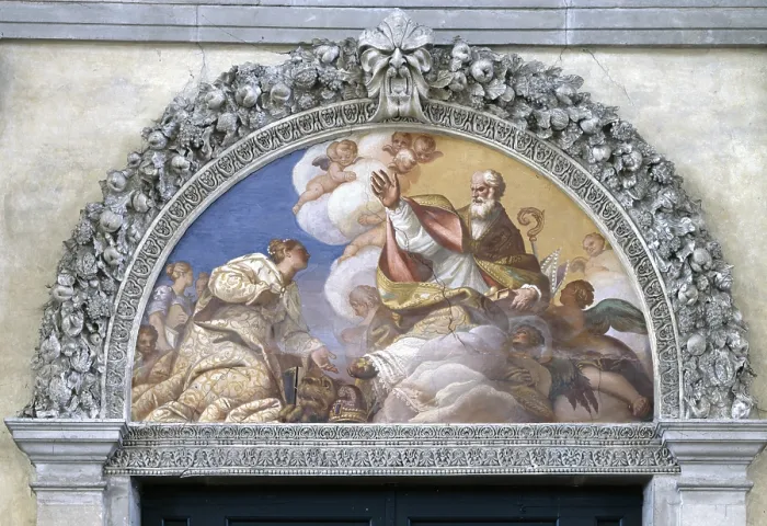 Framed Print : Venice kneeling before St Nicholas, by Gerolamo Pellegrini, 1674, 17th Century, fresco - Italy, Veneto, Venice, Church of san Nicol del Lido. Whole artwork view Framed Print : Venice kneeling before St Nicholas, by Gerolamo Pellegrini, 1674, 17th Century, fresco - Italy, Veneto, Venice, Church of san Nicol del Lido. Whole artwork view
