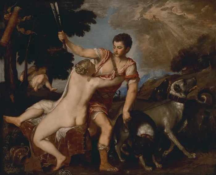 Framed Print : Venus and Adonis, by Titian, c. 1555, Italian Renaissance painting, oil on canvas. The goddess Venus tries to restrain her lover Adonis from going to a hunt Framed Print : Venus and Adonis, by Titian, c. 1555, Italian Renaissance painting, oil on canvas. The goddess Venus tries to restrain her lover Adonis from going to a hunt