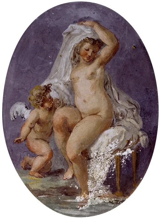 Framed Print : Venus at the bathroom, by Pier Antonio Novelli, 18th century, fresco. - Italy, Veneto, Padua, Palazzo Pisani. Whole artwork view. Oval with Venus at the bathroom with cupid