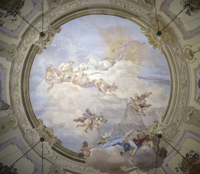 Framed Print : Venus and Mars suspended in the net of Vulcan, by Constantine Cedini, 18th century, fresco. - Italy, Veneto, Padua, Emo Capodilista Palace. Whole artwork view