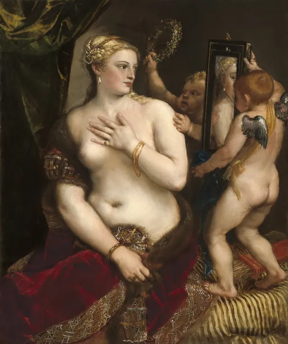Framed Print : Venus with a Mirror, by Titian, c. 1555, Italian Renaissance painting, oil on canvas. The painting of the classical Goddess of Love was based on a Roman statue of Venus Framed Print : Venus with a Mirror, by Titian, c. 1555, Italian Renaissance painting, oil on canvas. The painting of the classical Goddess of Love was based on a Roman statue of Venus