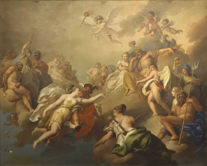 Framed Print : Venus and Psyche, by Pier Antonio Novelli, 18th century, oil on canvas. - Italy, Lazio, Rome, Villa Borghese. Detail. Among the clouds the gods of Olympus