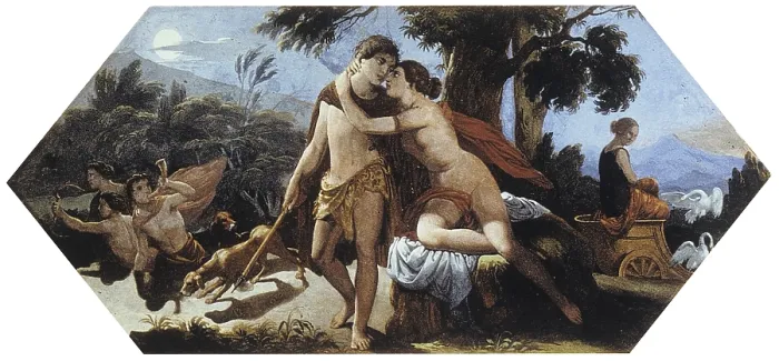 Framed Print : Venus striving to hold Adonis back from the doomed hunt, by Puetro Paoletti, 1843, 19th Century, fresco - Italy, Veneto, Vicenza, Vecchia-Romanelli Palace. Whole artwork view