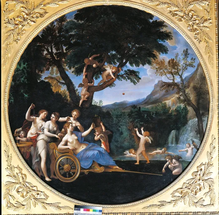 Framed Print : Venus at her Toilet, by Francesco Albani, 1618 about, 17th Century, oil on canvas, 154 cm - Italy, Lazio, Rome, Borghese Gallery. All