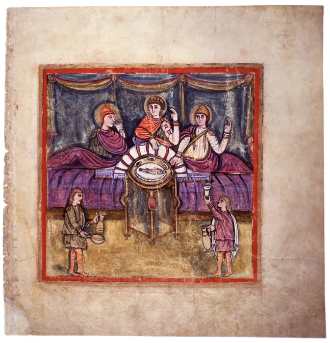 Framed Print : Vergilius Romanus - Goths slaves serve Dido and her Roman guests, 5th Century a.C. painted miniature on parchment, 33, 2 x 32, 3 cm - Vatican City, Apostolic Vatican Library Framed Print : Vergilius Romanus - Goths slaves serve Dido and her Roman guests, 5th Century a.C. painted miniature on parchment, 33, 2 x 32, 3 cm - Vatican City, Apostolic Vatican Library